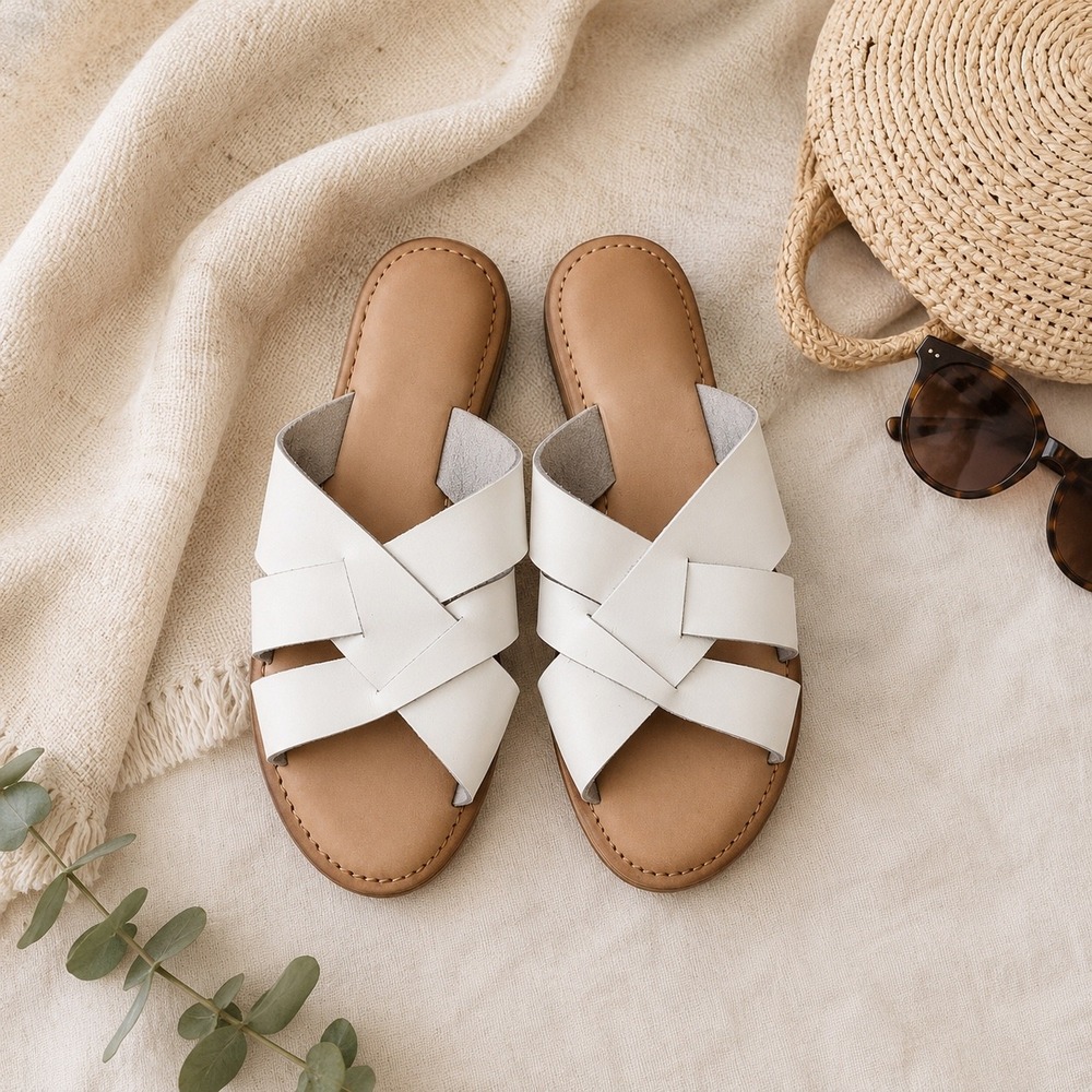 Ellos Leather Slide Sandals Womens 9 White Crisscross Flat Casual Summer Slip On